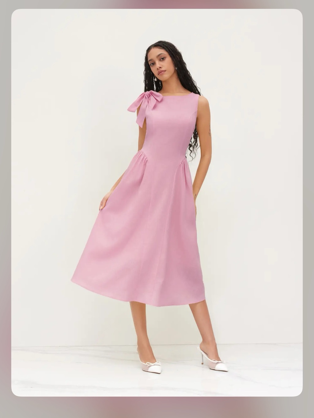 Cider Linen-Blend Boat Neck Bowknot Ruffle Midi Dress L Cr15-31
